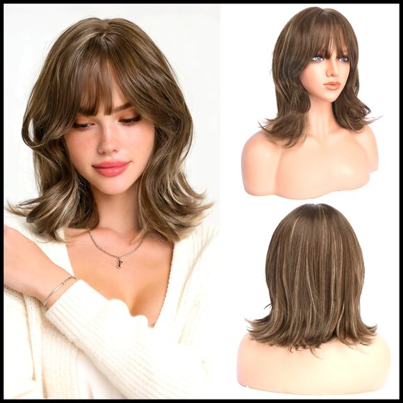 Short Bob Wig with Bangs Shoulder Length Wavy Layered Synthetic Hair Daily Party main image 5